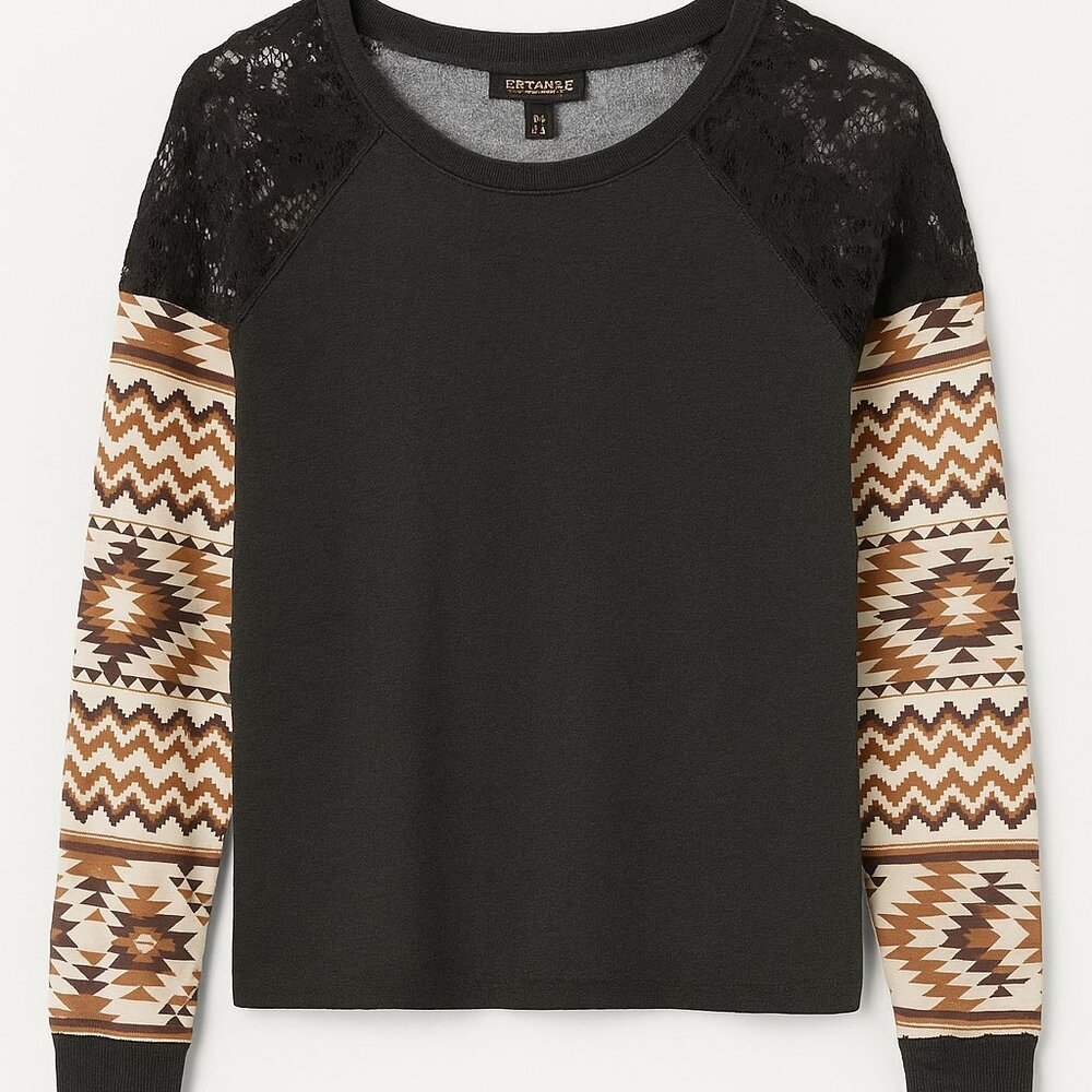 Shyanne XL Black Southwestern Aztec Print Lace Shoulder Pullover Western Top